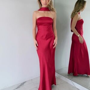 Strapless Red Evening Gown with Scarf Detail